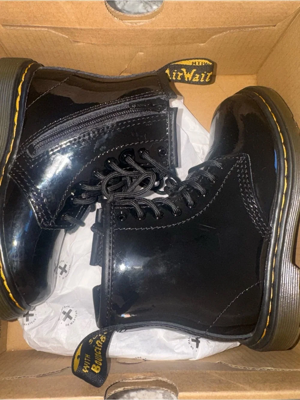 Like new Dr. Martens Black Patent Kids Lace-Up Boots with Yellow Stitching